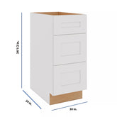 Modernform Cabinet White Shaker 30" W X 34 1/2" H X 24" D 3 Drawer Base Cabinet