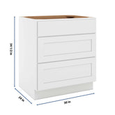 CNC Luxor White 30" W 3 Drawer Base Cabinet
