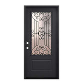 Jupiter 36 in. x 80 in. 3/4 Lite Decorative Glass Painted Black Prehung Fiberglass Exterior Door with Brickmold