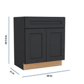 Modernform Cabinet Onyx Black Shaker 30" W X 34 1/2" H X 21" D Sink Base 2 Doors/1 False Front