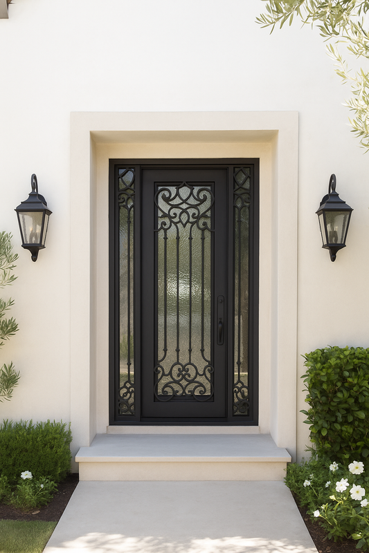 Carmen 5/9x8/0 Square Exterior Wrought Iron Prehung Double Door