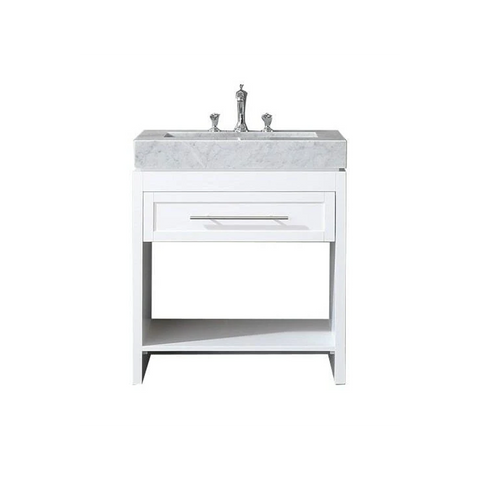 Venetian 30 in Single Sink Bathroom Vanity in White with Carrera White Marble Countertop