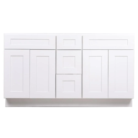 White Shaker Wood Vanity Double Sink and 3 Drawer Base | 60"