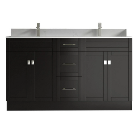 Satar 60 in Double Sink Bathroom Vanity in Espresso with White Quartz Countertop