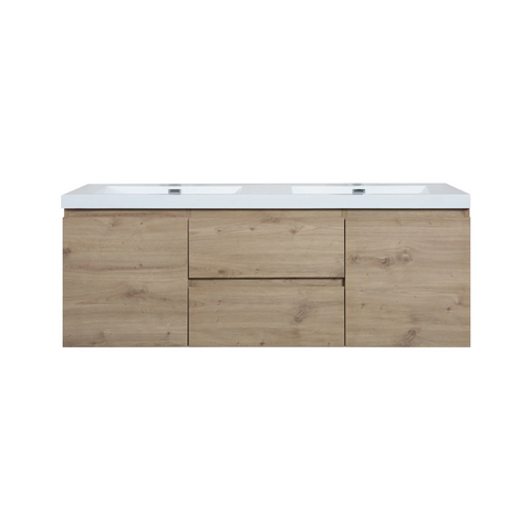 Angela 60" W Wall-Mounted Double Vanity with Double Sink Top Oak Finish | LessCare