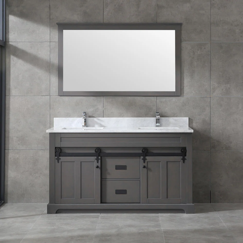 Farmhouse 60 in Double Sink Bathroom Vanity in Grey with Calacatta Gold Quartz Countertop