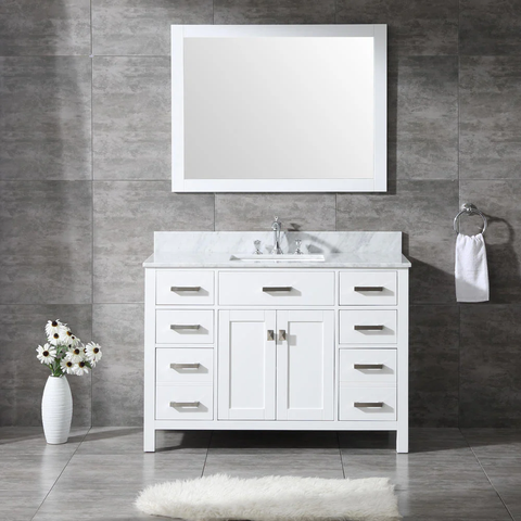 Charleston 48 in Single Sink Bathroom Vanity in White with Carrera White Marble Countertop