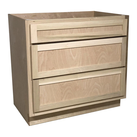 Kitchen Drawer Base Cabinet | Unfinished Poplar | Shaker Style | 36 in | 3 Drawer