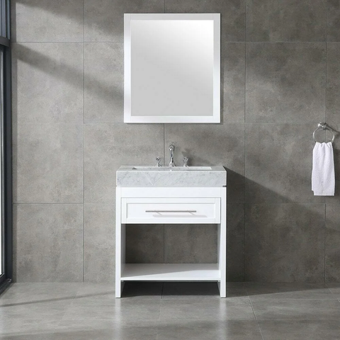 Venetian 30 in Single Sink Bathroom Vanity in White with Carrera White Marble Countertop