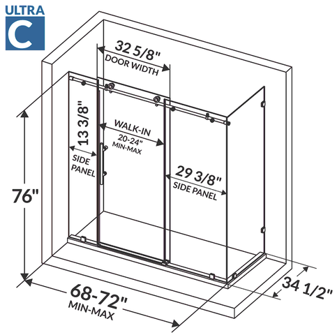 ULTRA-C 68-72 W x 76 H x 34 1/2 D Sliding Shower Enclosure in Brushed Gold