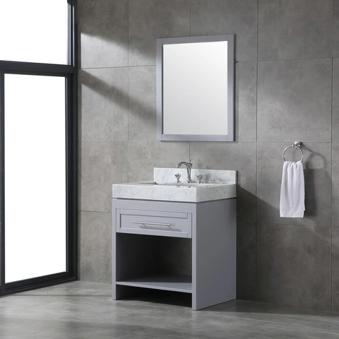 Venetian 30 in Single Sink Bathroom Vanity in Grey with Carrera White Marble Countertop