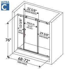 ULTRA-C 68-72 W x 76 H Sliding Shower Door in Brushed Gold
