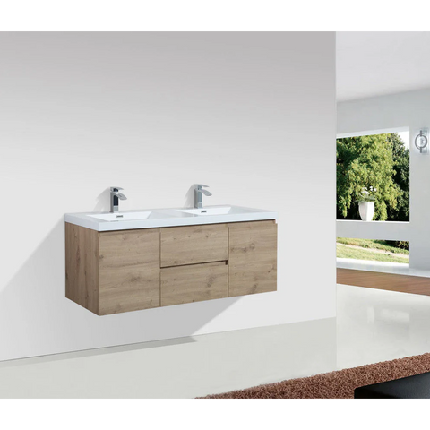 Angela 60" W Wall-Mounted Double Vanity with Double Sink Top Oak Finish | LessCare