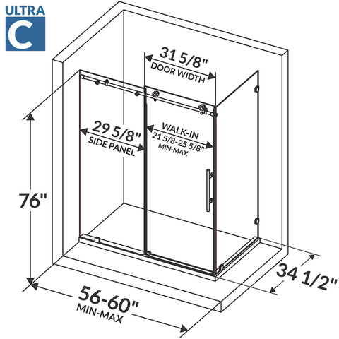 ULTRA-C 56-60 W x 76 H x 34 1/2 D Sliding Shower Enclosure in Brushed Gold