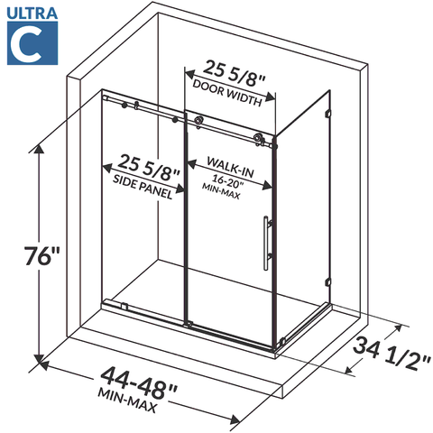 ULTRA-C 44-48 W x 76 H x 34 1/2 D Sliding Shower Enclosure in Brushed Gold