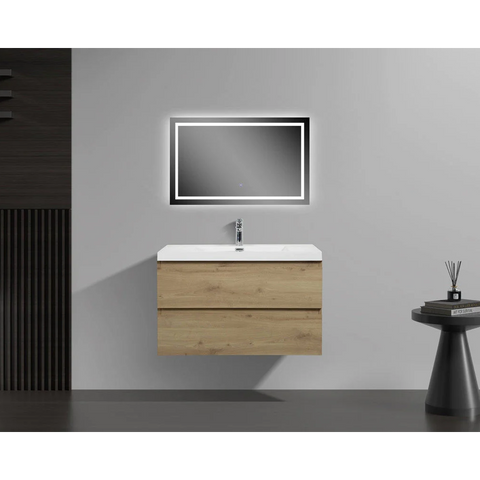 Angela 36" W Wall-Mounted Vanity with Sink Top Oak Finish | LessCare