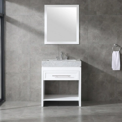 Venetian 36 in Single Sink Bathroom Vanity in White with Carrera White Marble Countertop