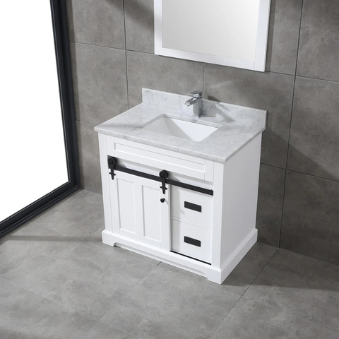 Farmhouse 36 in Bathroom Vanity in Grey with Calacatta Gold Quartz Countertop