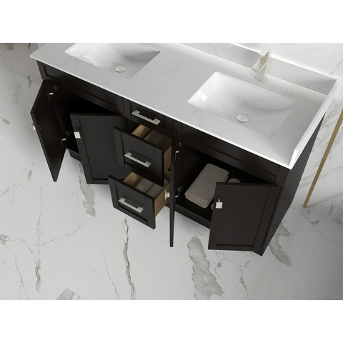 Satar 60 in Double Sink Bathroom Vanity in Espresso with White Quartz Countertop