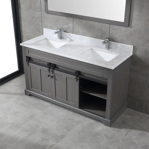 Farmhouse 60 in Double Sink Bathroom Vanity in Grey with Calacatta Gold Quartz Countertop