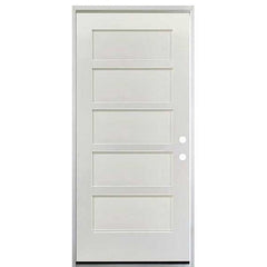 36 in. x 80 in. 5 Panel Fire Rated Unfinished White Prehung Fiberglass Exterior Door with Brickmold - Left-Handed