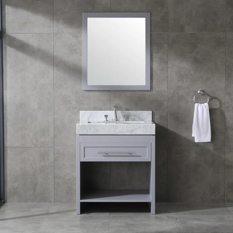 Venetian 30 in Single Sink Bathroom Vanity in Grey with Carrera White Marble Countertop