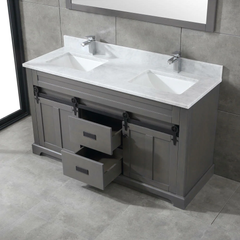 Farmhouse 72 in Double Sink Bathroom Vanity in Grey with Calacatta Gold Quartz Countertop