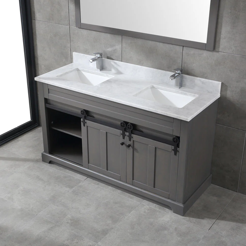 Farmhouse 60 in Double Sink Bathroom Vanity in Grey with Calacatta Gold Quartz Countertop