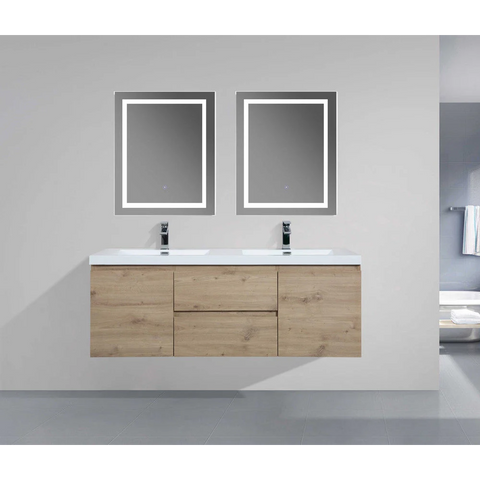 Angela 60" W Wall-Mounted Double Vanity with Double Sink Top Oak Finish | LessCare