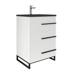 24" W Freestanding White Vanity Matte Black Sand Sink Top | LessCare