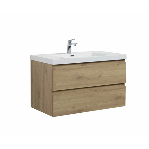 Angela 36" W Wall-Mounted Vanity with Sink Top Oak Finish | LessCare