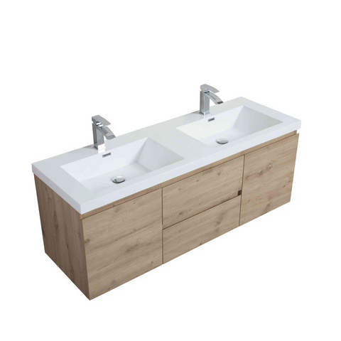 Angela 60" W Wall-Mounted Double Vanity with Double Sink Top Oak Finish | LessCare