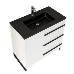 36" W Freestanding White Vanity Matte Black Sand Sink Top | LessCare
