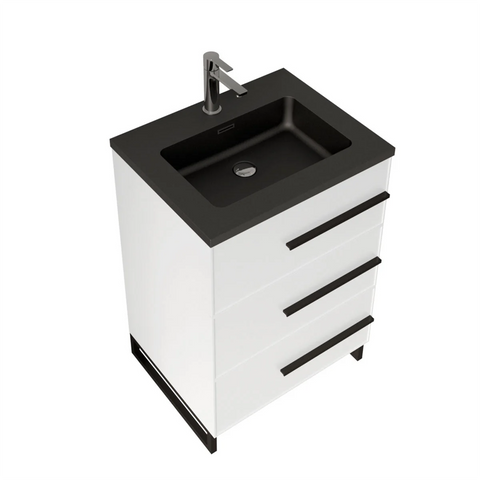 24" W Freestanding White Vanity Matte Black Sand Sink Top | LessCare