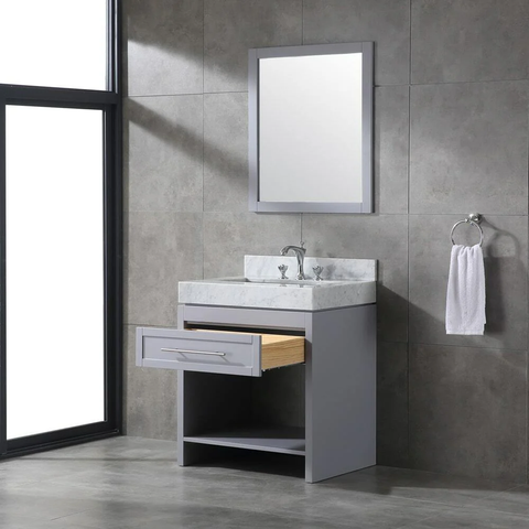 Venetian 36 in Single Sink Bathroom Vanity in Grey with Carrera White Marble Countertop