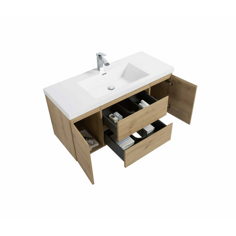 Angela 48" W Wall-Mounted Vanity with Sink Top Oak Finish | LessCare