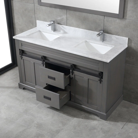 Farmhouse 60 in Double Sink Bathroom Vanity in Grey with Calacatta Gold Quartz Countertop