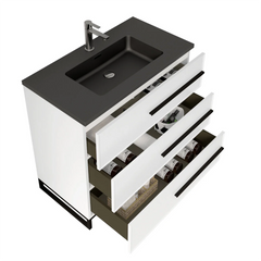 36" W Freestanding White Vanity Matte Black Sand Sink Top | LessCare