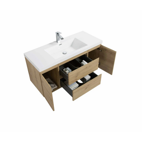 Angela 60" W Wall-Mounted Double Vanity with Double Sink Top Oak Finish | LessCare