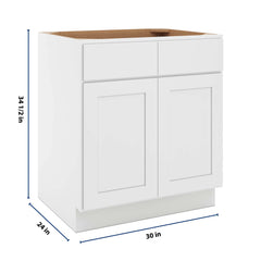 CNC Luxor White 30" W 2 Drawer Double Door Base Cabinet W/ 1 Pullout Shelf