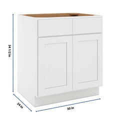 CNC Luxor White 30" W 2 Drawer Double Door Base Cabinet W/ 2 Pullout Shelf