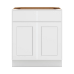 CNC Luxor White 30" W 2 Drawer Double Door Base Cabinet W/ 2 Pullout Shelf