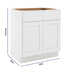 CNC Luxor White 33" W 2 Drawer Double Door Base Cabinet W/ 1 Pullout Shelf