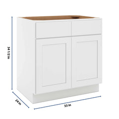 CNC Luxor White 33" W 2 Drawer Double Door Base Cabinet W/ 2 Pullout Shelf