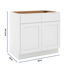 CNC Luxor White 36" W 2 Drawer Double Door Base Cabinet W/ 2 Pullout Shelf
