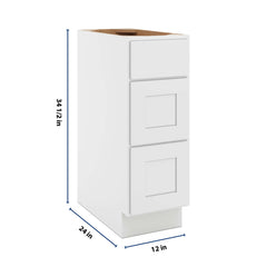 CNC Luxor White 12" W 3 Drawer Base Cabinet
