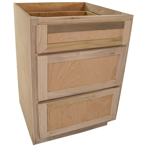 Kitchen Drawer Base Cabinet | Unfinished Poplar | Shaker Style | 24 in | 3 Drawer