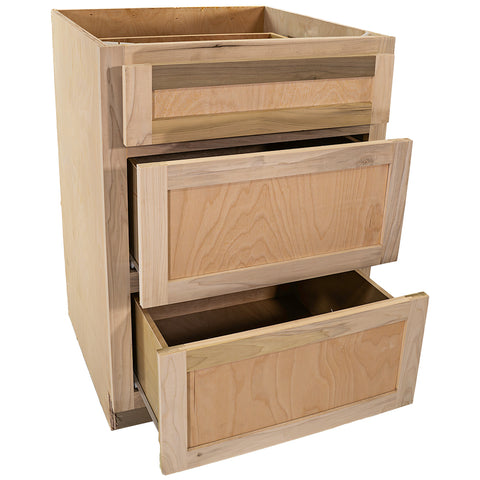 Kitchen Drawer Base Cabinet | Unfinished Poplar | Shaker Style | 24 in | 3 Drawer