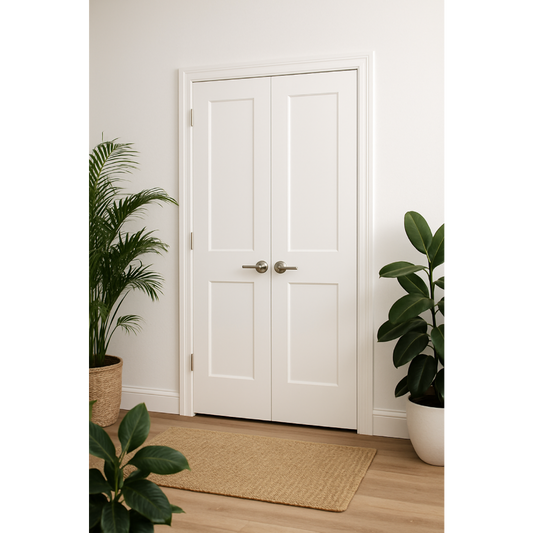 3/0x6/8 White Shaker 2-Panel Solid Core Primed MDF Prehung Interior French Door