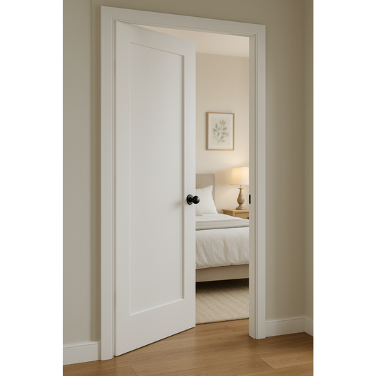 32 in x 80 in White 1-Panel Shaker Solid Core Primed MDF Prehung Interior Door